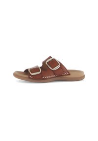 Brown slide sandals with two large silver buckles, textured leather upper, open toe, and contrasting light stitching on a cushioned tan sole.