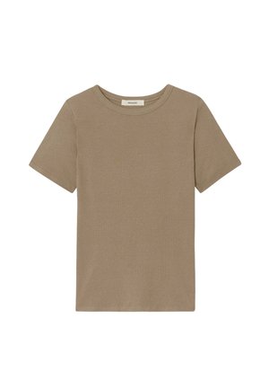 T-shirt marron à manches courtes avec un col rond et une texture douce et lisse. Aucun motif ni accent visible.
