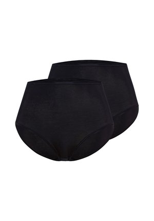 Dwie proste, czarne figi z wysokim stanem i elastycznymi pasami w talii, przedstawione na białym tle.