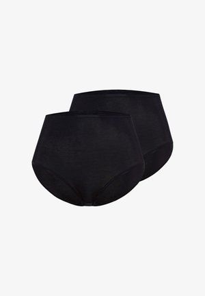 To enkle sorte højtaljede trusser med elastiske taljebånd, vist mod en hvid baggrund.