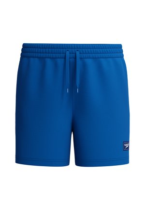 Blaue Badeshorts mit elastischem Bund, Kordelzug und kleinem Speedo-Logo-Patch am unteren rechten Bein.