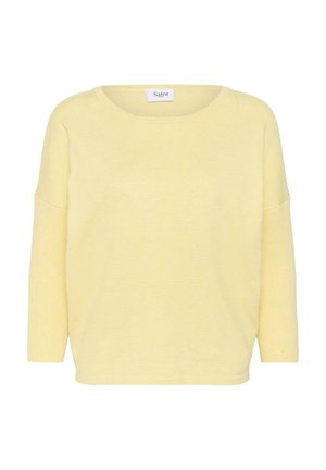 Hellgelber Longsleeve-Strickpullover mit rundem Ausschnitt und lockerem Schnitt, mit einem kleinen Markenetikett „Saint“ innen im Kragen.