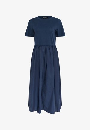 Robe midi bleu marine à manches courtes, col rond, et jupe froncée de la taille à l'ourlet.