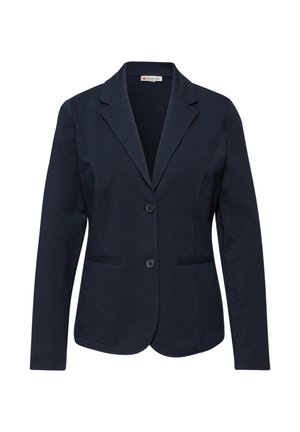 Damen-Dunkelblazer in Marineblau mit Kerbkragen, zwei Frontknöpfen, langen Ärmeln und zwei schmalen Paspeltaschen.