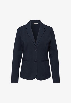 Damen-Dunkelblazer in Marineblau mit Kerbkragen, zwei Frontknöpfen, langen Ärmeln und zwei schmalen Paspeltaschen.