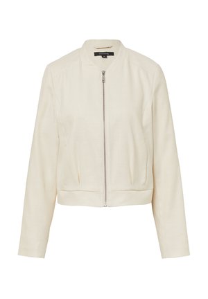 Cream bomber jacket in a lightweight fabric, featuring a front zipper and ribbed cuffs, with a cropped silhouette and simple design.