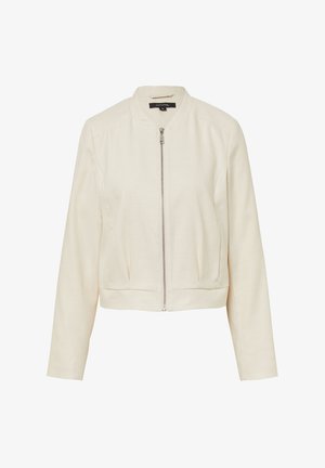 Cream bomber jacket in a lightweight fabric, featuring a front zipper and ribbed cuffs, with a cropped silhouette and simple design.