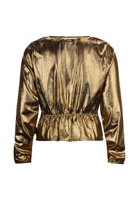Blusa dorata metallica a maniche lunghe con vita arricciata, tessuto liscio e motivo a righe verticali.