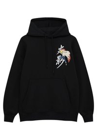 Felpa con cappuccio nera in misto cotone, dotata di tasca anteriore e di un design grafico con colori, inclusi accenti gialli e rossi.
