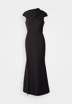 Black sleeveless dress with a high neckline, fitted bodice, and floor-length skirt featuring a side slit and smooth, matte texture.