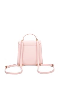 Roze leren handtas met een gestructureerde rechthoekige vorm, voorzien van een handvat bovenop en verstelbare schouderbanden. Accenten in goudkleurig metaal.