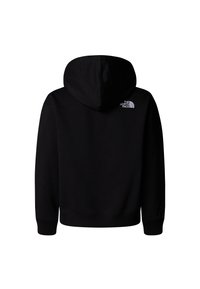 Hanorac negru cu glugă, realizat din țesătură moale. Are un logo pe partea din spate, la umăr, și manșete și tiv cu rebru. Design simplu, potrivire obișnuită.