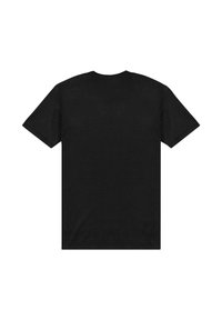 Černé bavlněné tričko s krátkými rukávy, kulatým výstřihem a hladkou texturou. Pohled zezadu, bez vzorů nebo akcentů viditelných.