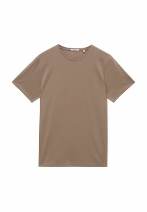 Kortærmet t-shirt med rund hals i lysebrunt bomuld. Glat tekstur med et enkelt, lige snit og ingen synlige mønstre eller udsmykninger.