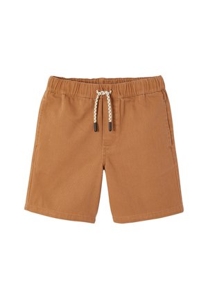 Brown casual shorts with elastic waistband and white drawstring with black speckles, featuring side pockets and a simple stitch design.