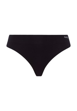 Schwarzer Baumwoll-Tanga mit glatter Textur und breitem Bund. Verfügt über ein kleines Logo in der Nähe des Bundes. Entworfen für einen minimalen Schnitt.