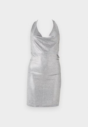 Silver halter-neck dress with a cowl neckline, made of shiny material featuring a textured pattern, form-fitting silhouette, and a knee-length hem.