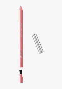 Lápiz delineador de labios rosa con tapa plateada. Área de agarre texturizada y punta de cepillo para la aplicación. Acabado suave, diseño de punta cónica.