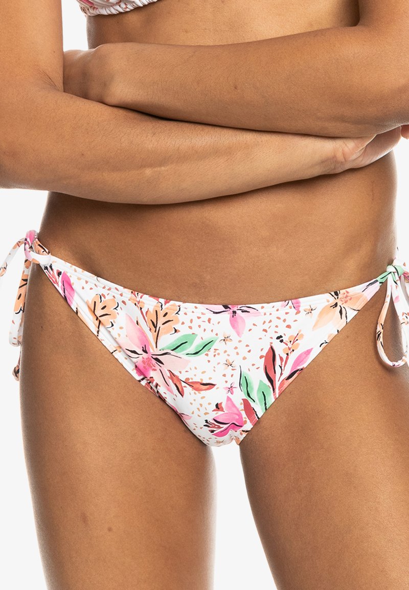 Bikiniunderdel i blommönster med rosa och gröna toner, tillverkad av stretchmaterial, med knytband i sidorna för justerbar passform.