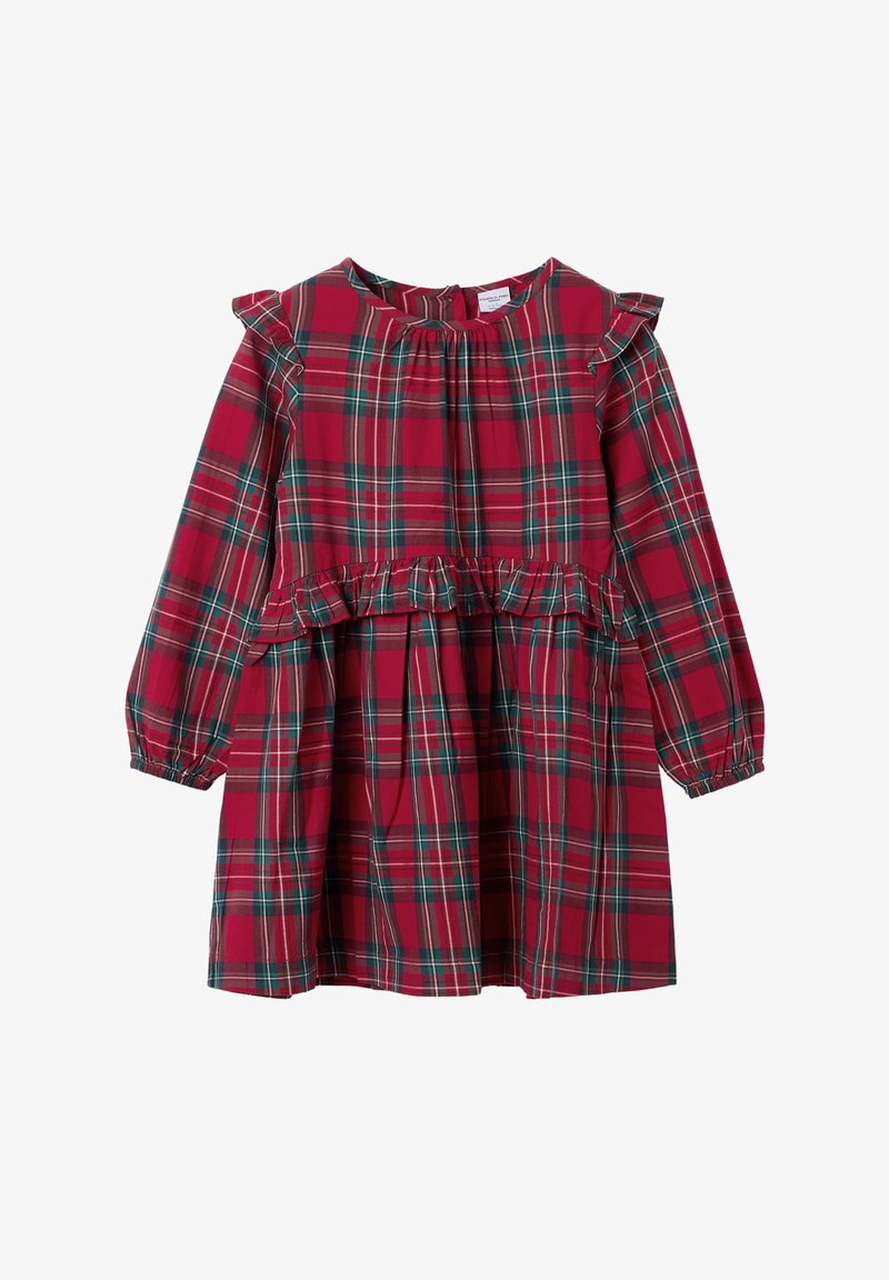 Rode geruite jurk met lange mouwen en ruches. Heeft een gegatherde taille en ronde halslijn, en toont groene en witte ruitpatronen.