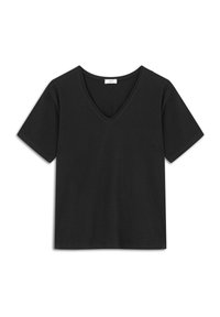 Zwarte T-shirt met korte mouwen en een diepe V-hals, gemaakt van zachte stof; heeft een losse pasvorm en rechte zoom. Etiket zegt "TWIST."