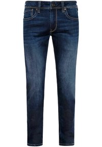 Mörkblå denimjeans, slim fit, med klassisk femfickdesign, knäppning med knapp och kontrasterande sömsättningar. Slät textur.