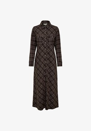 Robe marron foncé à manches longues avec motif à carreaux blancs, boutonnée à l'avant, col et deux poches à rabat sur la poitrine.