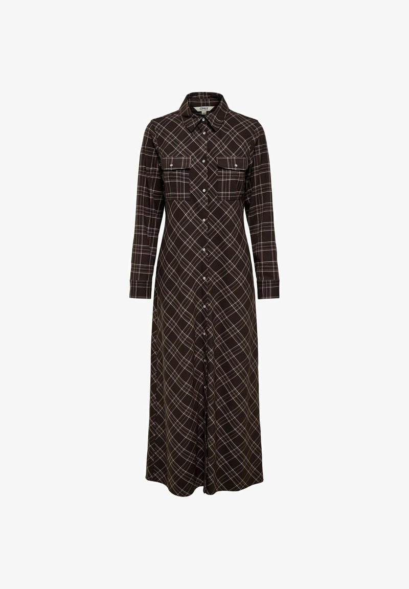 Robe marron foncé à manches longues avec motif à carreaux blancs, boutonnée à l'avant, col et deux poches à rabat sur la poitrine.