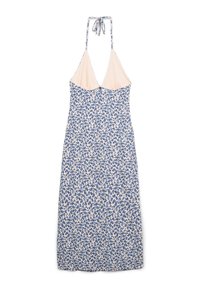 Abito con stampa floreale con scollo a halter color crema, motivo floreale blu su uno sfondo chiaro, lungo e di forma A-line, in tessuto leggero.