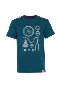 Teal puuvillapaita, jossa on vaaleanharmaa grafiikka pyörän osista, mukaan lukien pyörä, polkimet, satula ja sana "BMX". Lyhyet hihat.