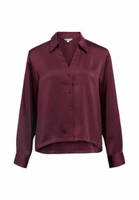 Burgunderfarbendes Langarmshirt aus einem glatten Stoff, mit V-Ausschnitt, Knöpfen vorne und abgerundetem Saum mit geknöpften Ärmeln.