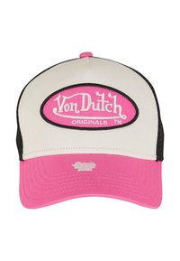 Růžový a krémový trucker klobouk s černou síťovinou. Má vyšité logo "Von Dutch" a malou grafiku na spodní straně kšiltu.