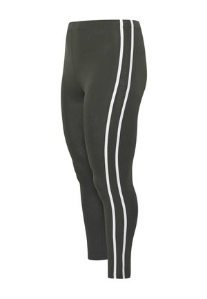 Leggings verde scuro con due strisce verticali bianche ai lati, lunghezza alla caviglia, stile aderente.