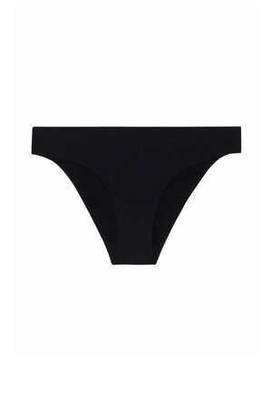 Černé bikiny s jednoduchým designem, které mají hladkou texturu a střední pokrytí, vyrobené z elastického materiálu.