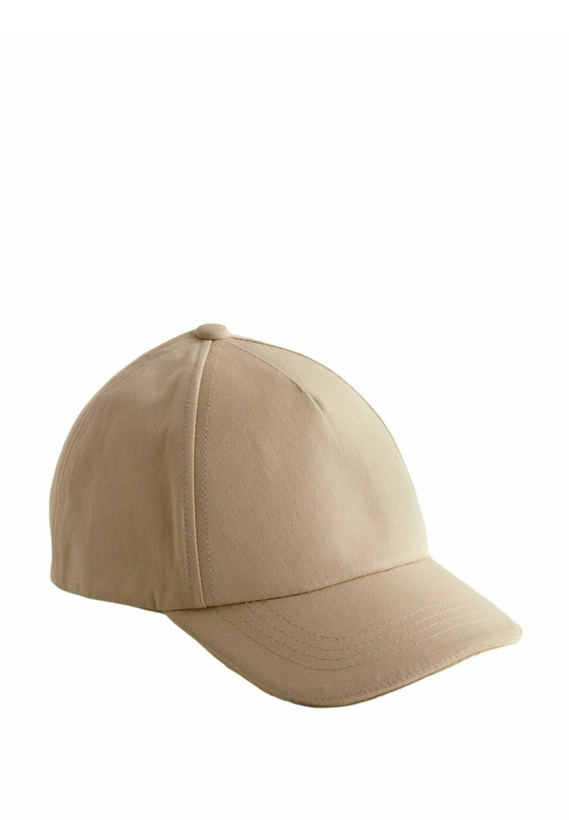 Beige keps med rundad krona, böjd skärm och broderade detaljer längs kanterna. Tillverkad av slätt tyg.