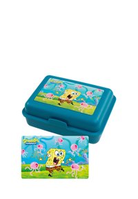 Una lunch box rettangolare turchese con un design di SpongeBob SquarePants che presenta meduse sul coperchio e una scheda coordinata sotto.