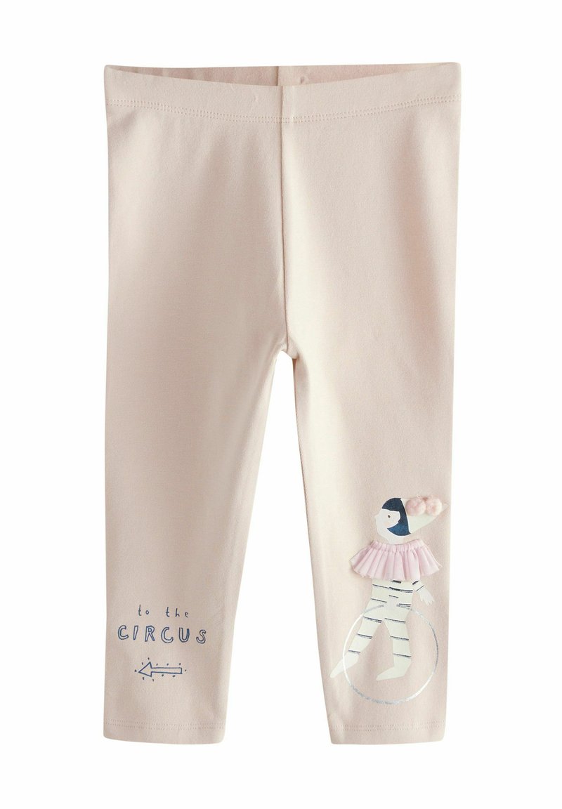 Leggings in cotone rosa chiaro con tema circense, caratterizzati da un'applicazione di un clown e dalla scritta "al CIRCUS" in blu sulla gamba inferiore.