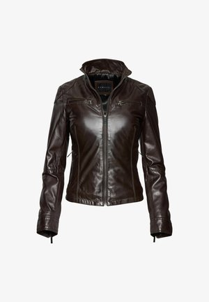 Donkerbruine leren jas met voorkant rits, twee met rits afgesloten borstzakken, hoge kraag en lange mouwen, weergegeven op een witte achtergrond.