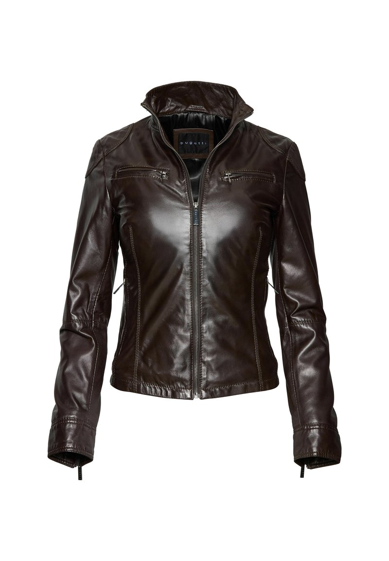 Temno rjavo usnjeno jakno s sprednjim zadrgo, dvema zadrgama na prsih, visokim ovratnikom in dolgimi rokavi, prikazano na beli podlagi.