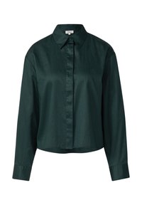 Chemise à manches longues, vert foncé, avec col et boutons sur le devant. Texture lisse et design court avec un ourlet légèrement tombant.