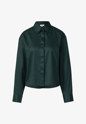 Dunkelgrünes, kragenloses, langärmliges Hemd mit durchgehender Knopfleiste. Glatte Textur und cropped Design mit leicht abfallendem Saum.