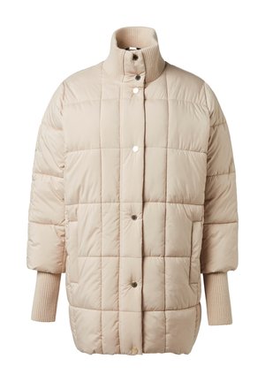 Hellbeige gepolsterte Jacke mit hohem Kragen, gestepptem Design, Druckknöpfen und gerippten Strickbündchen. Weiche, glatte Textur. Kurze Ärmel.