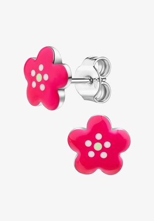 Boucles d'oreilles en argent en forme de fleurs à cinq pétales roses avec un centre vert et des points blancs sur chaque pétale.