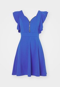 Modra obleka z nabranimi rokavi, V-izrezom in sprednjim zadrgo. Oblikovanje krila v raztegnjenem slogu in gladka tekstura tkanine. Enobarvna brez vzorcev.