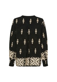 Sort langærmet bluse med beige geometriske mønstre, rund halsudskæring og en plissering ned langs ryggen. Tekstureret stof med samlede manchetter.