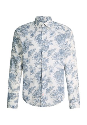 Weißes langärmeliges Hemd mit Knöpfen, blauem Blumen- und tropischem Blätterdruck und spitzem Kragen.