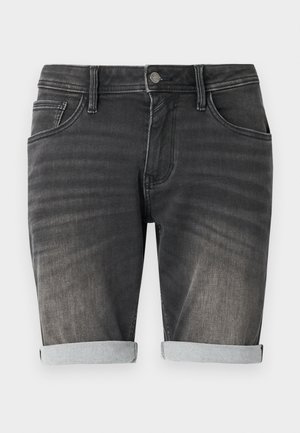Shorts in denim grigio con orlo arrotolato, caratterizzati da un design a cinque tasche, chiusura con bottone e leggere sfumature lungo il tessuto.