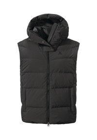 Schwarze Steppweste mit abnehmbarem Kapuzenrand, frontale Reißverschlussöffnung und Druckknöpfen. Verfügt über eine gesteppten Textur und seitliche Taschen für zusätzliche Funktionalität.