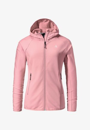 Light pink hooded jacket with a textured fabric, front zipper, and two zippered side pockets. Features a triangular logo on the chest.