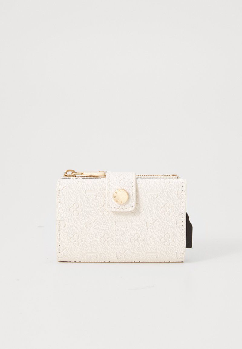 White leather wallet with embossed floral pattern, gold hardware, and a snap closure. Features a zipper and a card slot on the side.